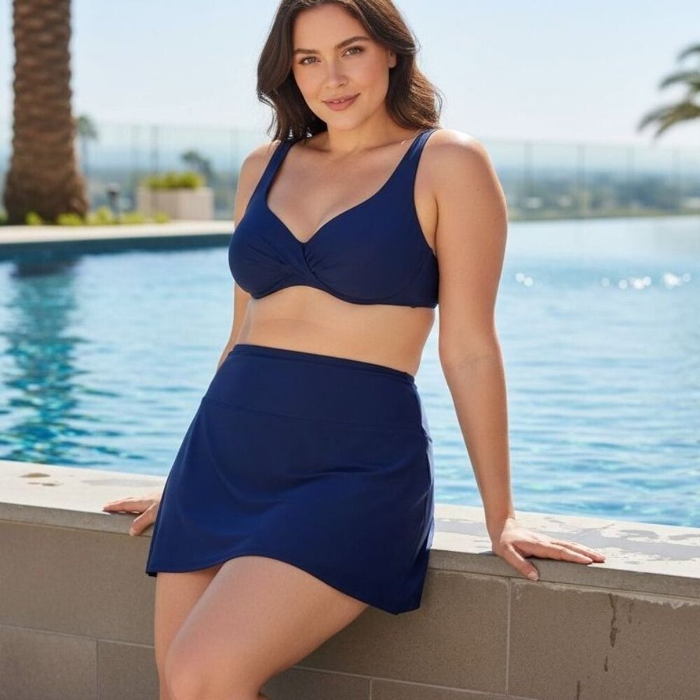 Island Escape 10 La Palma High-Waist Tummy Control Bikini Bottom Swim Skirt Navy